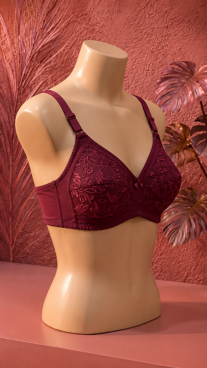 Women's Full Coverage Floral Embroidered Bra Red Wine