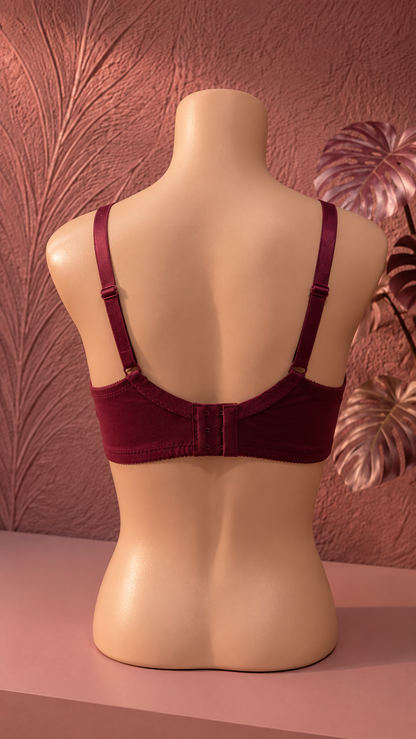 Elegant Floral Embroidered Non-Padded Support Bra – Deep Maroon