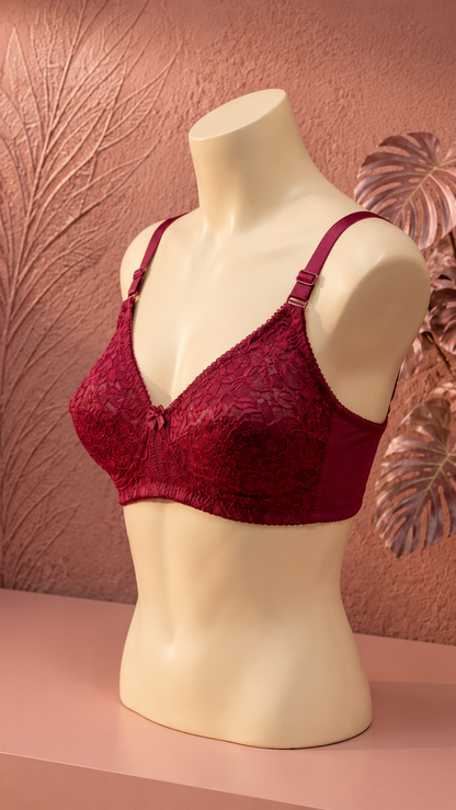 Luxury Floral Lace Comfort Bra dark red