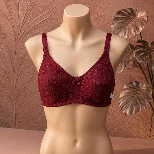 Elegant Floral Embroidered Non-Padded Support Bra – Deep Maroon