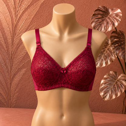 Luxury Floral Lace Comfort Bra dark red