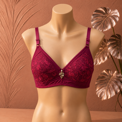 Women's Full Coverage Floral Embroidered Bra Red Wine
