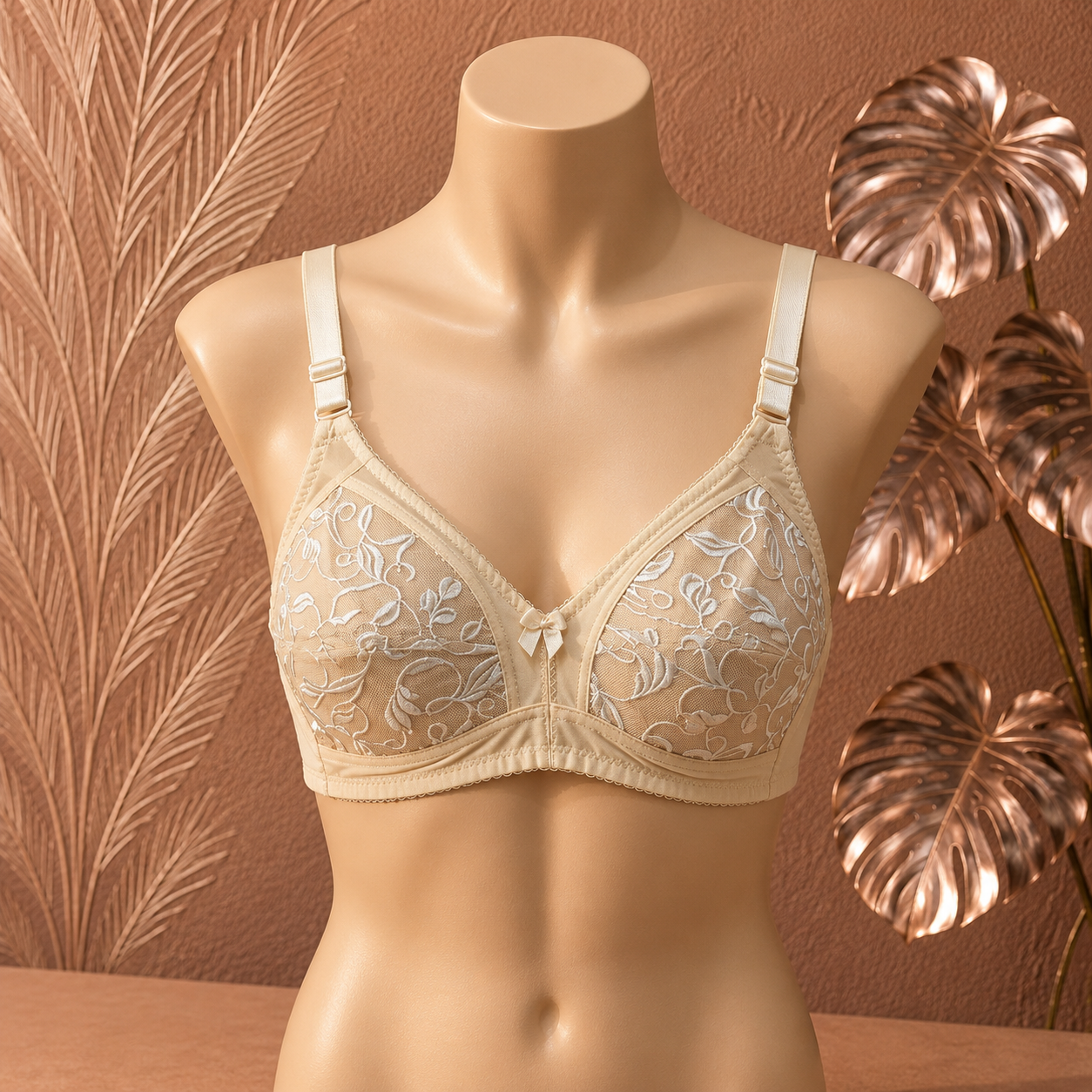 Women's Full Coverage Floral Embroidered Bra – Beige