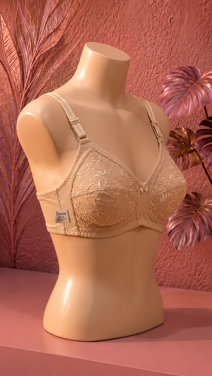 Women's Full Coverage Floral Embroidered Bra – Beige
