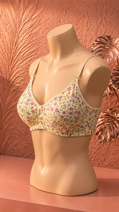 Cream Floral Print Cotton Bra for Women