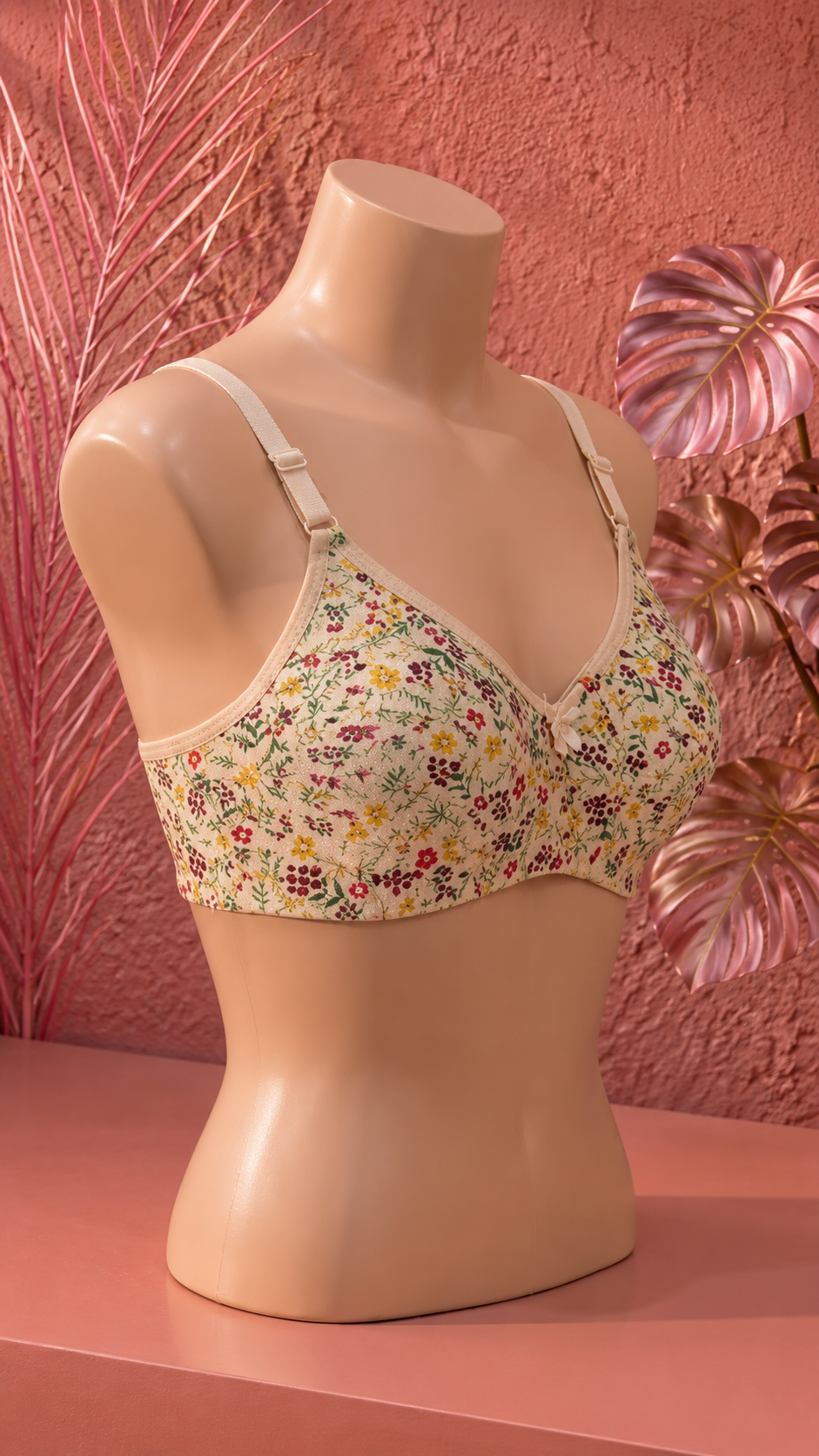 Cream Floral Print Cotton Bra for Women