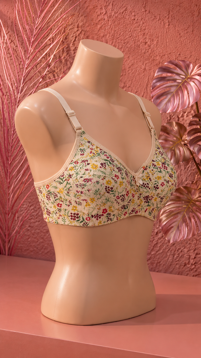 Cream Floral Print Cotton Bra for Women