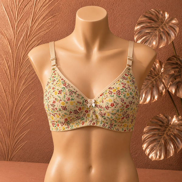 Cream Floral Print Cotton Bra for Women