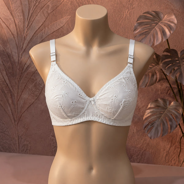 Elegant White Embroidered Everyday Comfort Bra